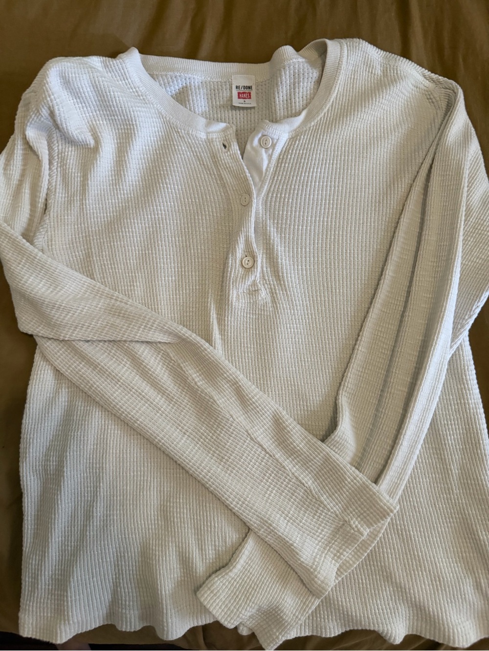 Re/Done White Waffle-Knit Henley Long Sleeve Shirt